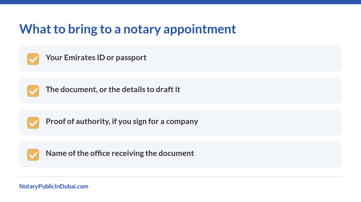 Checklist of what to bring to a Dubai Courts appointment or notary visit